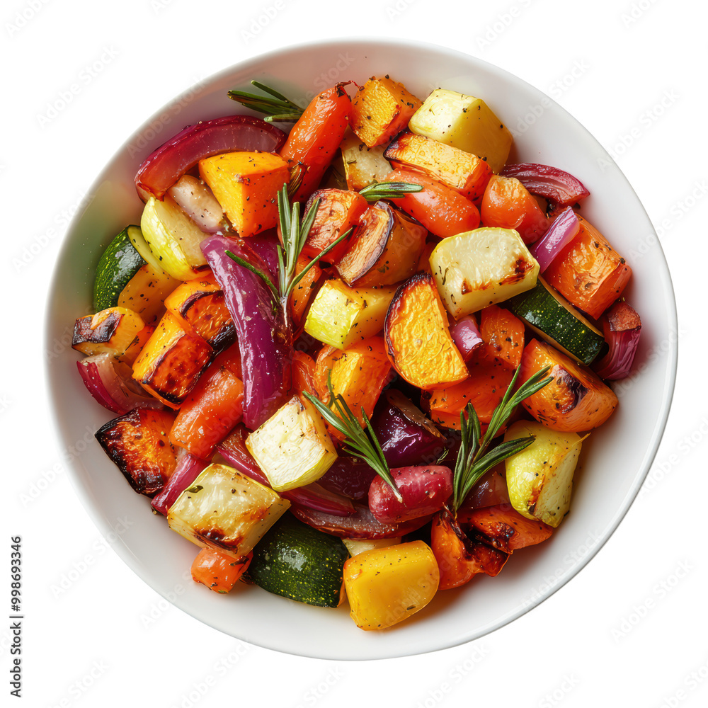 Colorful roasted vegetables with herbs in a white bowl