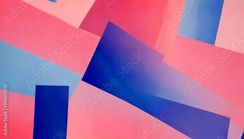 a vibrant abstract composition of overlapping rectangular shapes in various shades of pink, blue, and purple, creating a dynamic and visually striking pattern