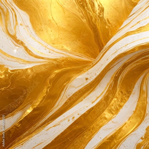 a close-up view gold and white marble-like surface with swirling patterns and splashes of color, creating a dynamic and visually striking composition photo