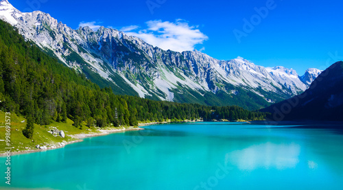Blue lake in the mountains with the snow peaks panoramic view beauty of nature background 