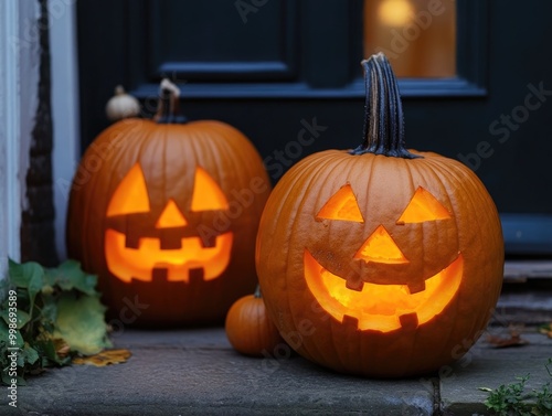 Carved pumpkins on a doorstep photo