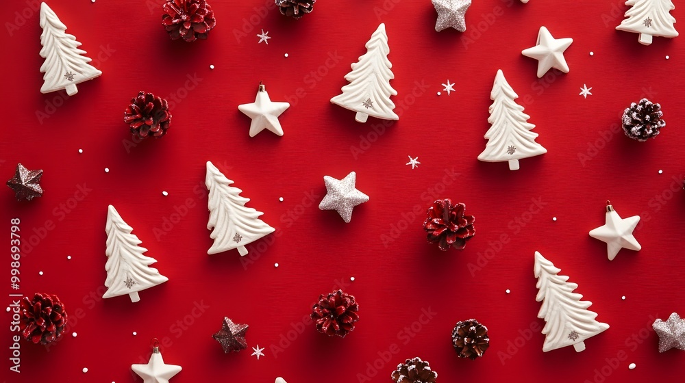 Red Christmas background featuring white tree and star icons arranged in a festive pattern Red Christmas background featuring white tree and star icons arranged in a festive pattern
