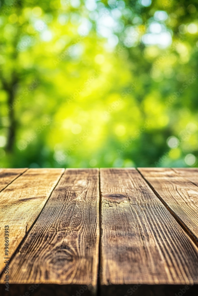 Wooden table in lush green backdrop Wooden table in lush green backdrop