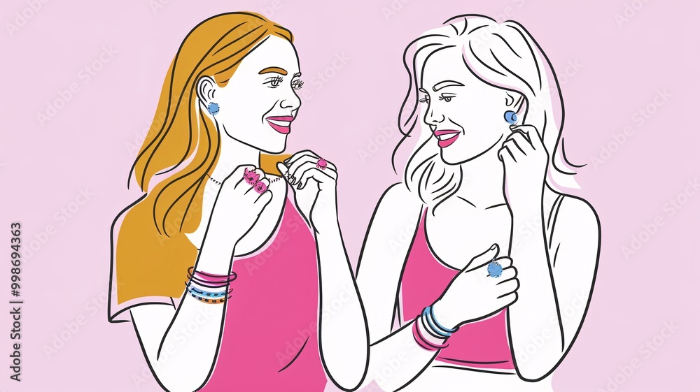 A vibrant, modern illustration of two women appreciating and modeling colorful jewelry, including necklaces, bracelets, and rings. A vibrant, modern illustration of two women appreciating and modeling colorful jewelry, including necklaces, bracelets, and rings.