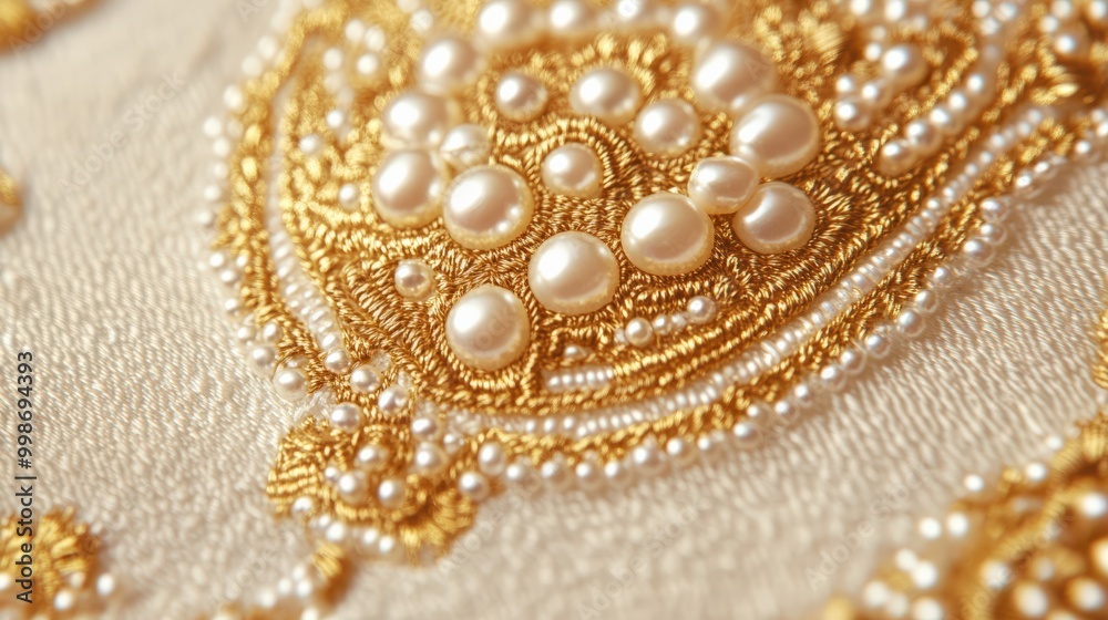 Elegant embroidery with golden threads and pearls for luxurious textile design Elegant embroidery with golden threads and pearls for luxurious textile design