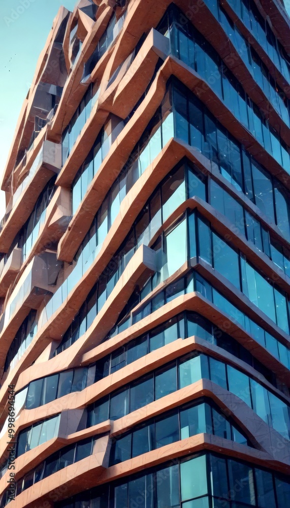 a modern, angular building with a unique architectural design featuring a series of curved lines and glass windows