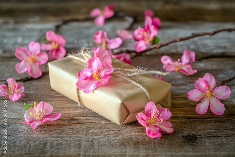 Handcrafted gift wrapped in brown paper with pink cherry blossoms Handcrafted gift wrapped in brown paper with pink cherry blossoms