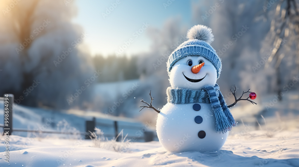 Fototapeta premium Cute snowman illustration in snowy landscape with scarf and wool hat. Christmas Celebration Time