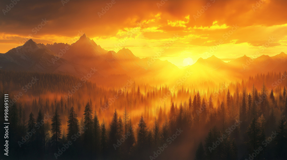 Serene Sunset Over Mountain Lake with Reflections and Fog at Dawn Serene Sunset Over Mountain Lake with Reflections and Fog at Dawn