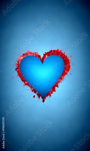 A blue heart with red splatters is centered against a dark blue background photo