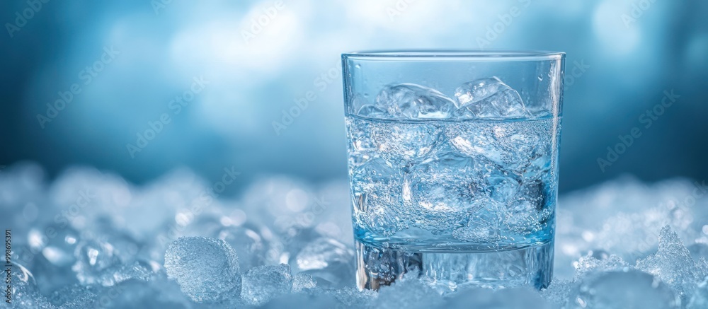 A glass of water with ice cubes on a bed of ice. A glass of water with ice cubes on a bed of ice.