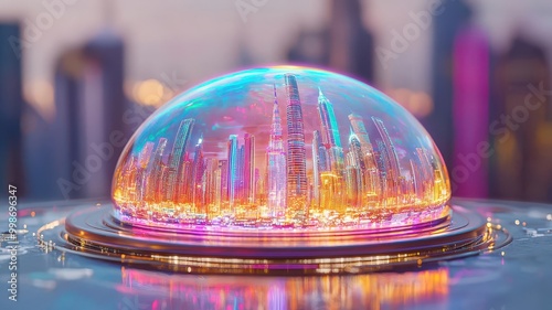 A futuristic city encased in a transparent dome, illuminated by vibrant lights, showcasing a blend of technology and urban landscape. photo