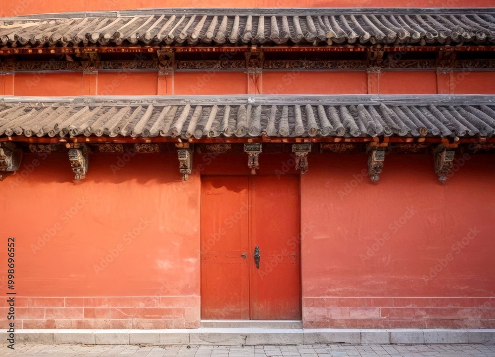 A traditional Chinese building with a red exterior and a tiled roof, featuring a large red door with a black handle A traditional Chinese building with a red exterior and a tiled roof, featuring a large red door with a black handle