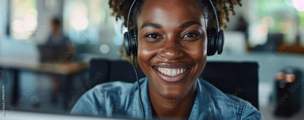 Close-up portrait of a smiling female customer service worker Close-up portrait of a smiling female customer service worker