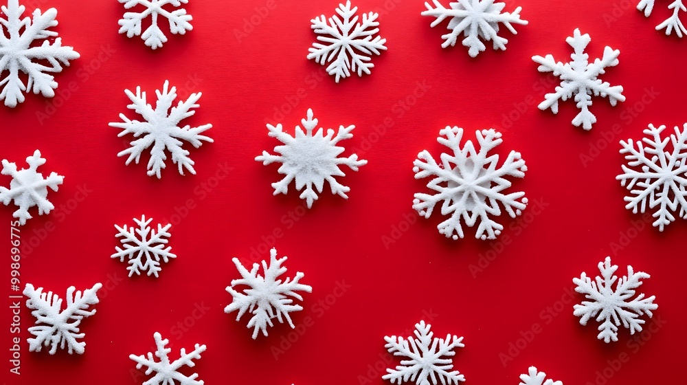 White snowflake icons on a bright red Christmas background White snowflake icons on a bright red Christmas background