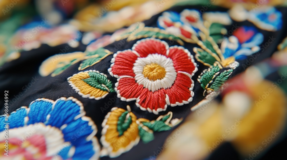Hand-stitched floral embroidery on traditional fabric for artistic home decor Hand-stitched floral embroidery on traditional fabric for artistic home decor