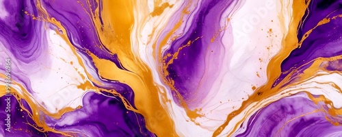 a striking abstract pattern with swirling lines and splashes of color, predominantly purple and gold, creating a dynamic and visually captivating composition photo