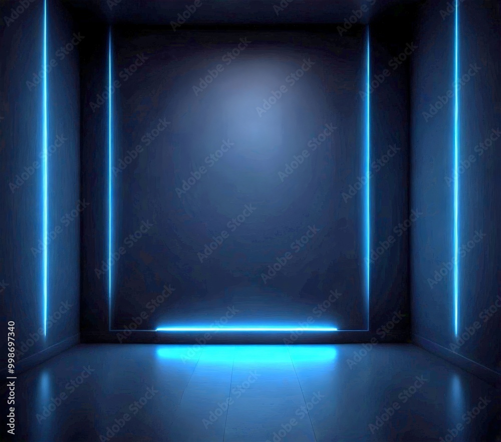 A dark room with a minimalist design, featuring a large rectangular light source in the center and two vertical blue lines on either side A dark room with a minimalist design, featuring a large rectangular light source in the center and two vertical blue lines on either side