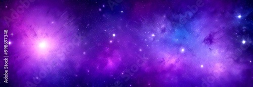 a cosmic scene with a starry night sky, featuring a vibrant purple and blue nebula, numerous stars, and a bright, glowing celestial body