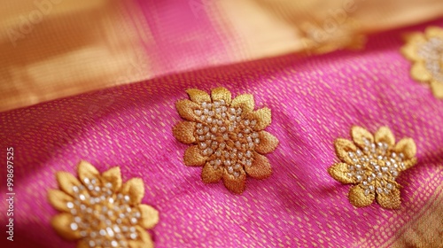 Handwoven silk sari with gold zari floral design for festive occasions photo