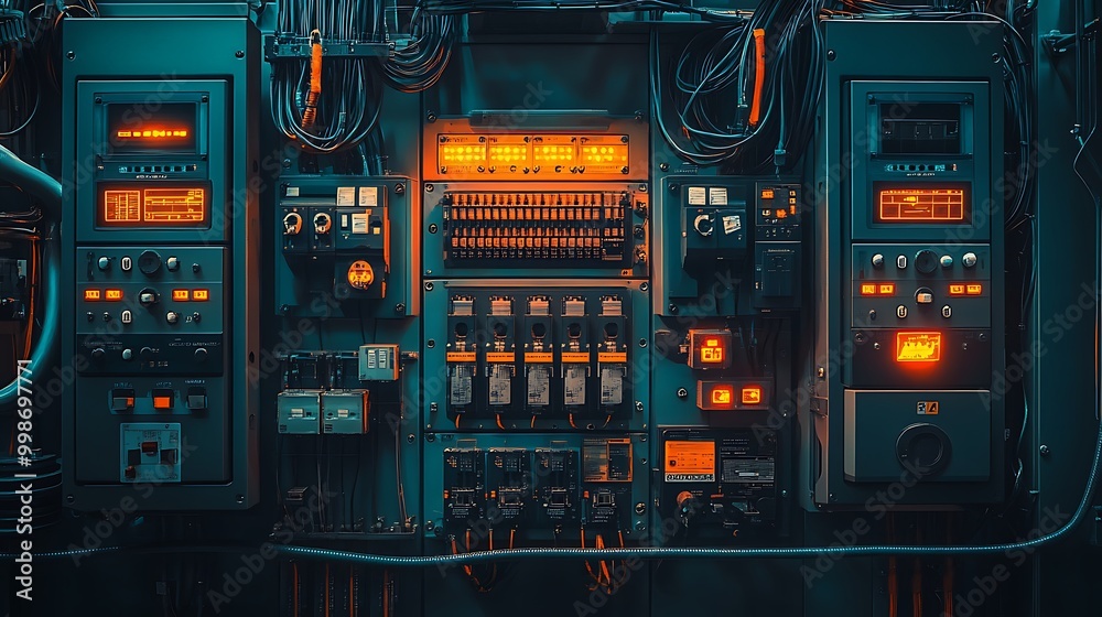 A detailed close-up of an industrial electrical panel, featuring circuit breakers, wiring, and labels indicating various circuits and safety features. A detailed close-up of an industrial electrical panel, featuring circuit breakers, wiring, and labels indicating various circuits and safety features.