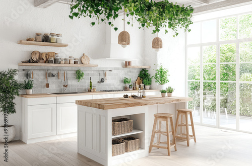 A kitchen with white cabinets, an island table in the center of which is covered by brown wooden seating and plants hanging from above on black metal stands