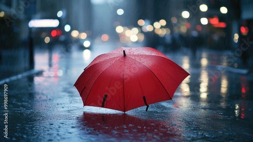 Wallpaper Mural A red umbrella standing out against a city street during a heavy downpour, with puddles forming on the ground. Torontodigital.ca