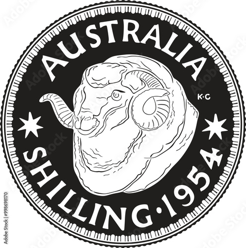 Australian silver shilling with ram head 1954 vector design handmade silhouette.