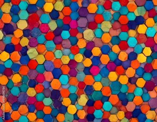 A vibrant mosaic of multicolored hexagonal tiles, each with a unique hue