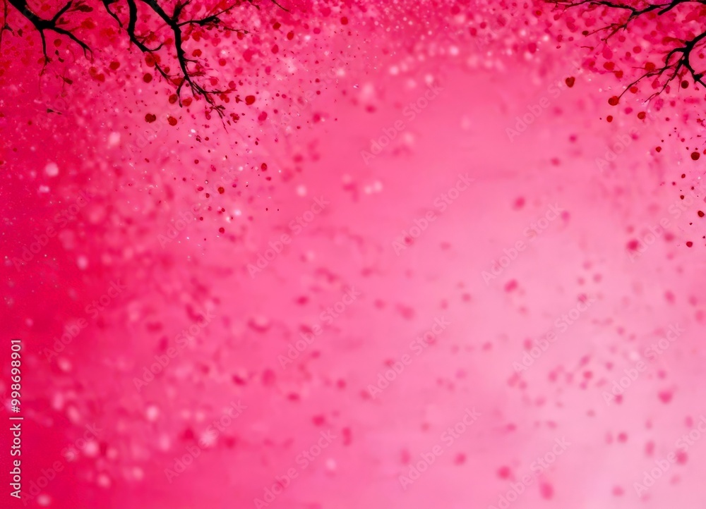 a pink background with scattered pink and white dots, resembling falling petals from a tree The top left corner is adorned with a dark silhouette of tree branches, adding a pink background with scattered pink and white dots, resembling falling petals from a tree The top left corner is adorned with a dark silhouette of tree branches, adding