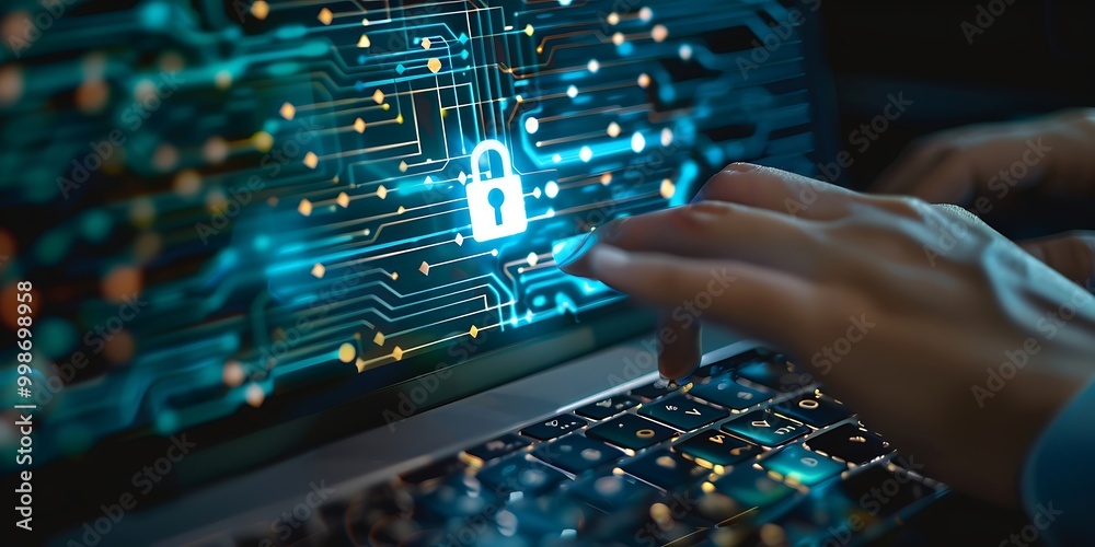 Cyber security concept. Hand pressing keypad lock on laptop keyboard Cyber security concept. Hand pressing keypad lock on laptop keyboard