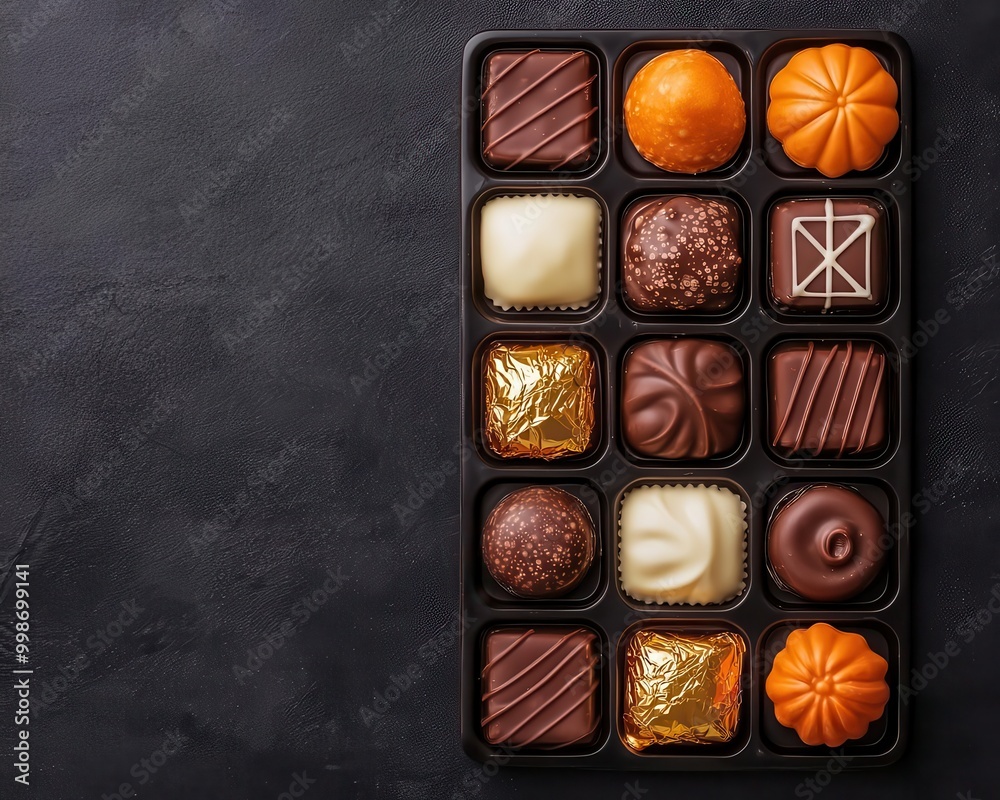 Elegant tray of Halloween chocolates with golden foil, luxurious and sophisticated