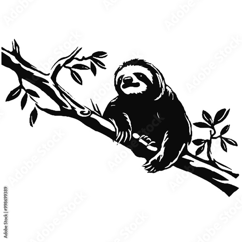 sloth hanging on branch silhouette vector illustration