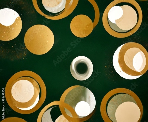 a collection of overlapping circles in various shades of gold and white, set against a dark green background photo