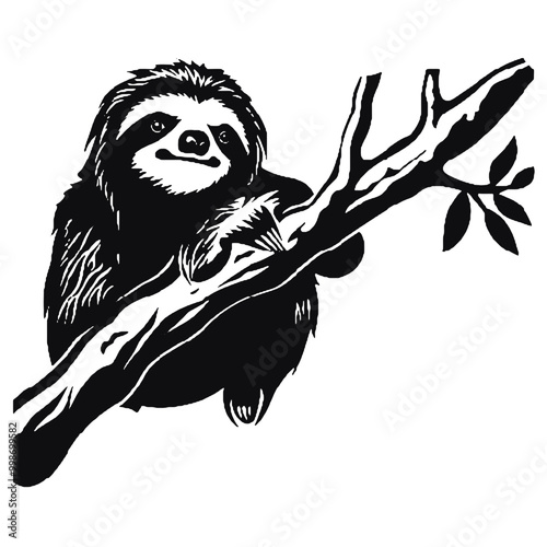 sloth hanging on branch silhouette vector illustration