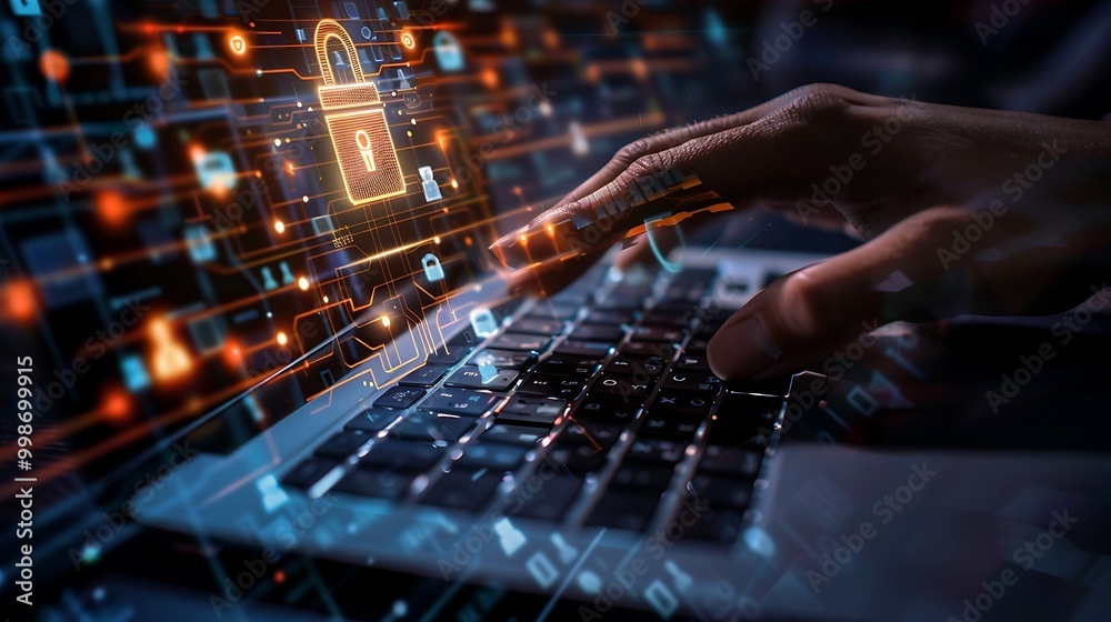 Cyber security concept. Hand pressing keypad lock on laptop keyboard Cyber security concept. Hand pressing keypad lock on laptop keyboard