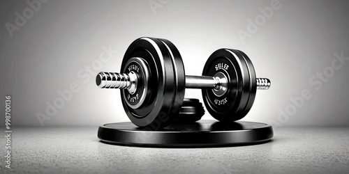 A black dumbbell with silver weights rests on a black stand against a gray background photo