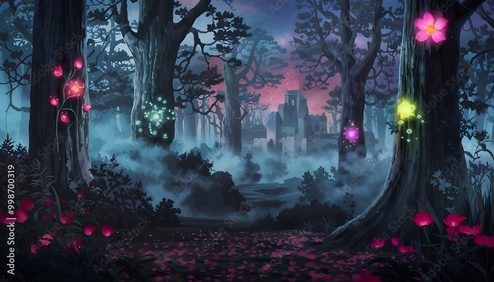 Fototapeta premium Ethereal Forest Dreams: Glowing Flora and Shrouded Mysteries.ai generated