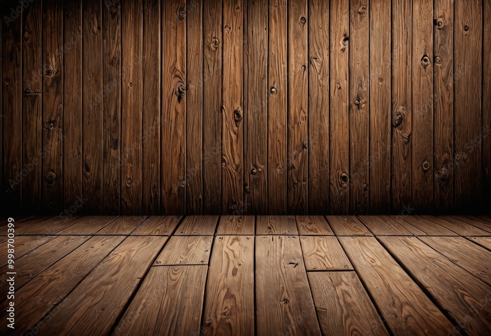 A wooden floor with a dark finish, set against a backdrop of vertical wooden planks A wooden floor with a dark finish, set against a backdrop of vertical wooden planks