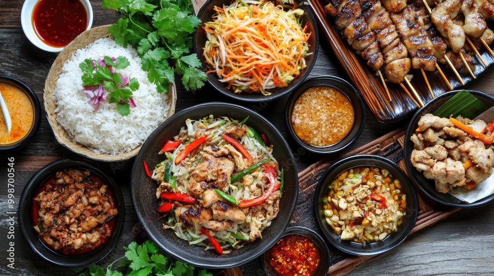 A table filled with popular Thai dishes including So Tum (papaya salad), sticky rice, and grilled chicken, surrounded by dipping sauces. A table filled with popular Thai dishes including So Tum (papaya salad), sticky rice, and grilled chicken, surrounded by dipping sauces.