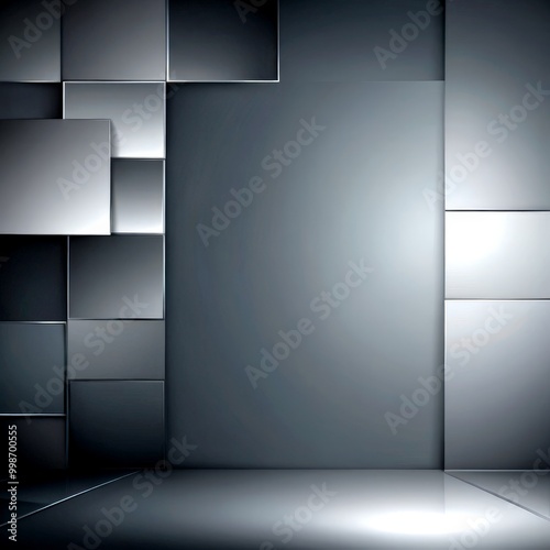 a minimalist, geometric design featuring a grid of square tiles in varying shades of gray, with a central rectangular tile and a light source illuminating photo