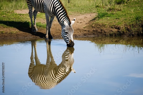 Zebra Drinking Water with Reflection in Puddle photo