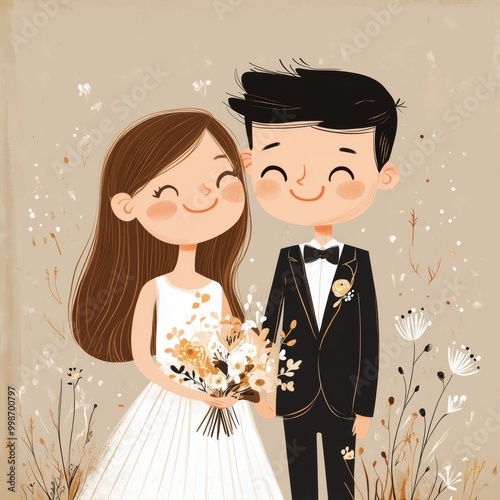Cheerful couple in wedding attire holding a bouquet amidst floral decorations outdoors