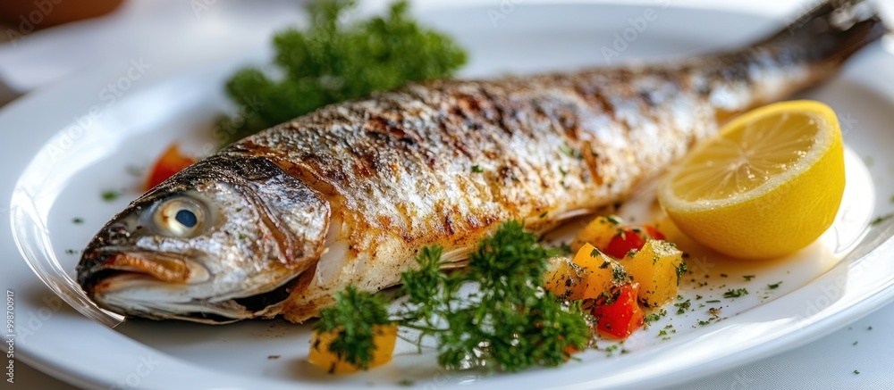 Grilled fish with lemon and herbs on a white plate. Grilled fish with lemon and herbs on a white plate.