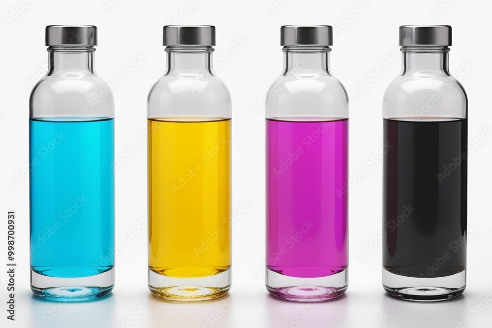 three different colored liquids in a row on a white surface three different colored liquids in a row on a white surface