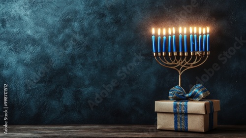 Blue Menorah with Gifts in Background