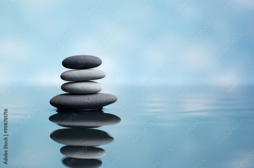 Balanced stack of black pebbles creating the illusion of circles in calm water, set against a light blue and white background with ripples. Balanced stack of black pebbles creating the illusion of circles in calm water, set against a light blue and white background with ripples.