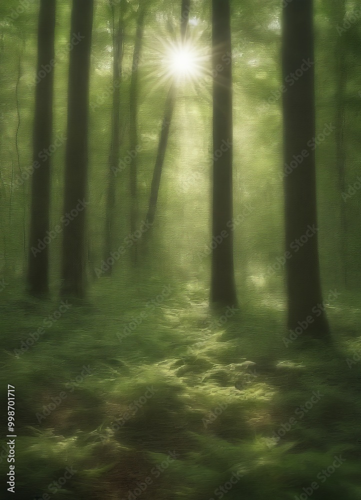 Obraz premium A serene forest scene with sunlight filtering through the trees, creating a soft, ethereal glow