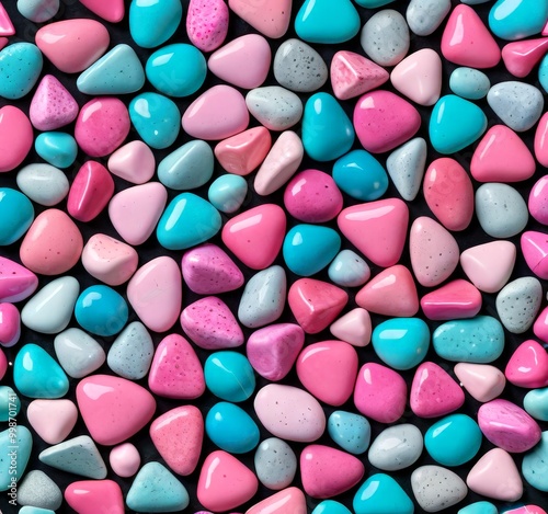 A vibrant assortment of multicolored stones, including pink, blue, and gray, are scattered across a black background, creating a visually appealing and playful pattern