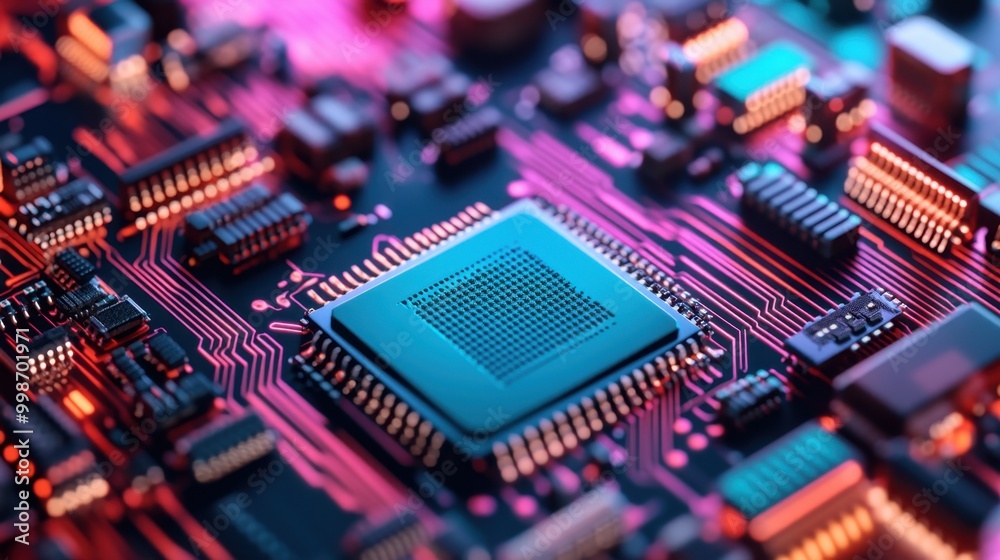 Obraz premium Close-up of a colorful circuit board with CPU chips and intricate wiring, representing data flow and technology hardware